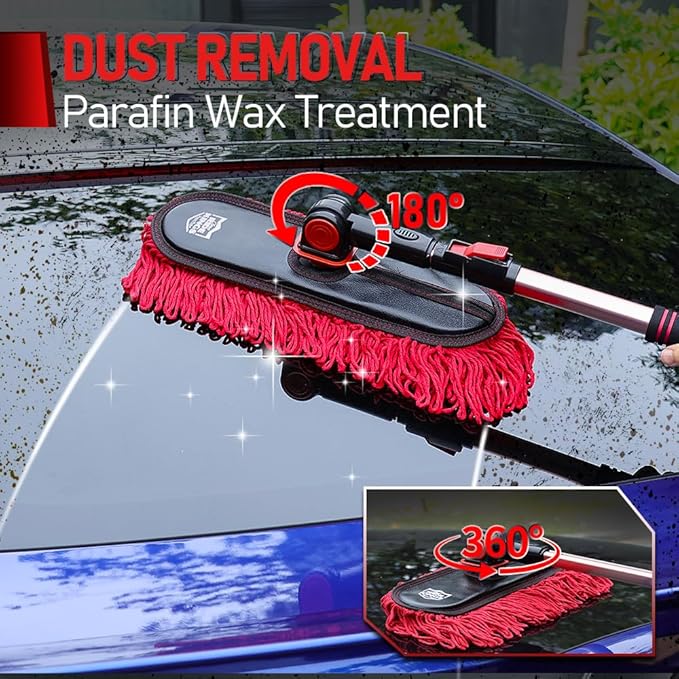 Car Duster Exterior Scratch Free - Wax Treated Cotton Auto Dusting Brush with Extendable Handle (27-36'') - Waterless Pollen Remover for Car, SUV, Truck & RV (Lint Free Design)