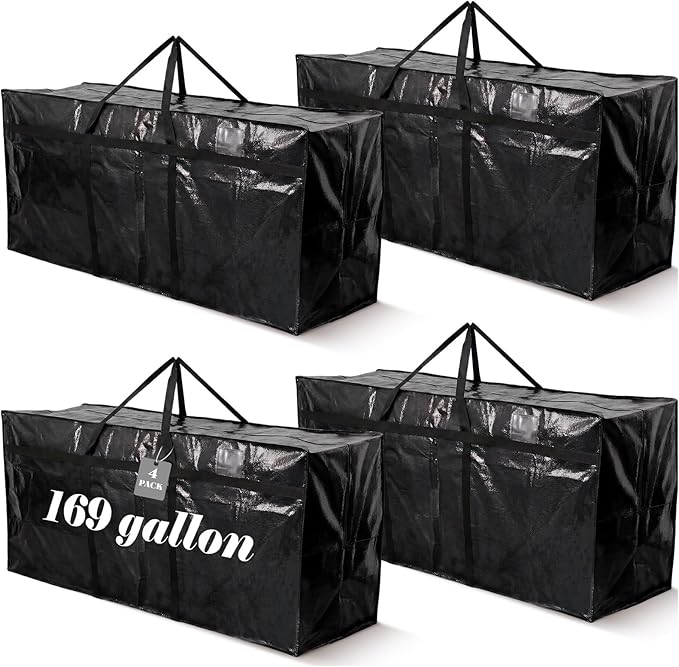 4 Pcs 169 Gallon Extra Large Moving Bags Heavy Duty Storage Bag with Strong Zipper Handle Foldable XXL Jumbo Storage Tote Packing Moving Box for College Dorm Travel Cloth Duffle (Black)