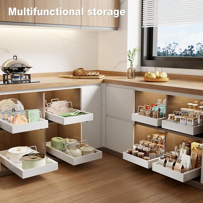 MUSTORN 2 Pack Pull Out Cabinet Organizer with 8 Dividers, 21.8" Deep Slide Out Drawer for Cabinets Adhesive Pull Out Drawers Heavy Duty Pull Out Shelf for Kitchen, Cupboard, Pantry, Bathroom(White)