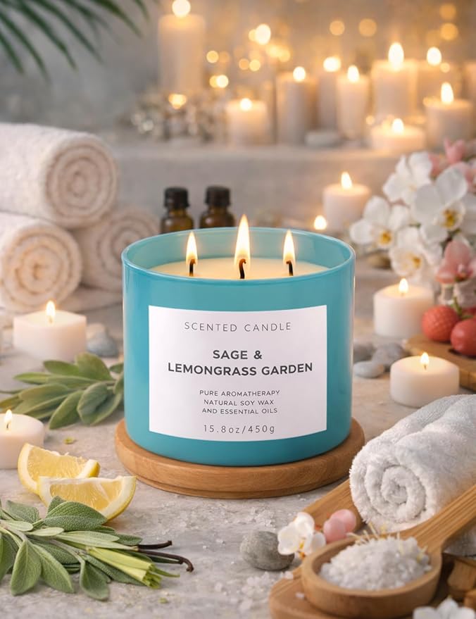 Sage Lemongrass Garden Scented Candle | 3 Wick Large Soy Candles for Home 15.8oz | Fresh Clean Herbal Citrus Candle | Long Lasting Clean Burn | Aromatherapy Stress Relief Gift for Women & Men