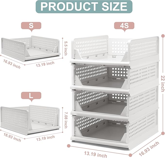 Goderewild Stackable Foldable Storage Baskets, Folding Storage Bins, Closet Organizers and Plastic Drawer Shelf Storage Container for Wardrobe, Cupboard, Kitchen, Bathroom, Office (White, 4S)