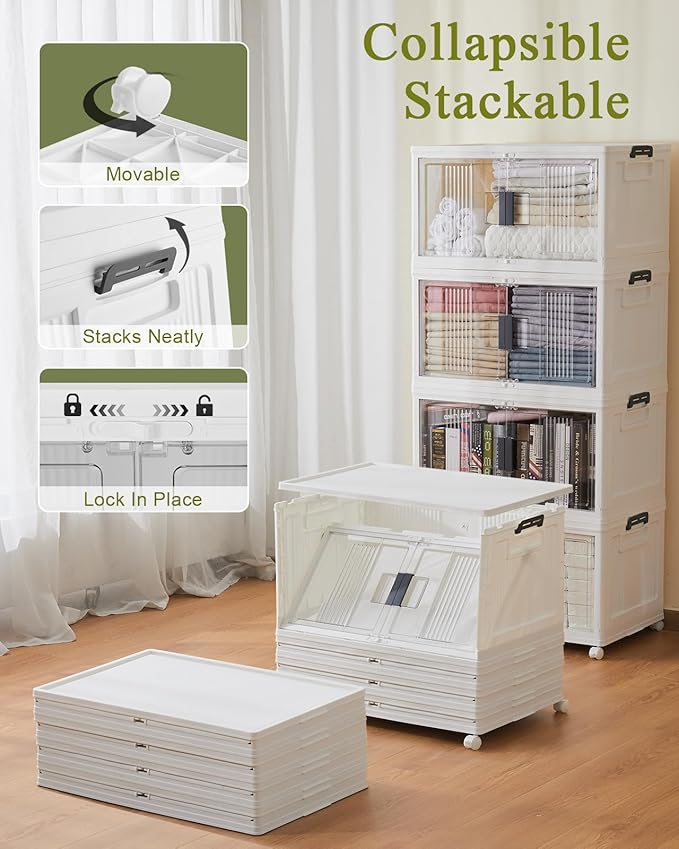 OlarHike 76QT Lockable Storage Bins with Lids - Folding Storage Box with Doors and Wheels, Collapsible Plastic Storage Bins for Closets, Office, Stackable Organizer, Containers, 4 Pack Cubes