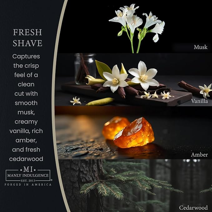Manly Indulgence Fresh Shave Jar Candle 16.5 oz - Musk, Vanilla & Bergamot - Woodsy Amber & Cedarwood - Up to 60 Hour Burn - Soy Blend Wax, USA Poured