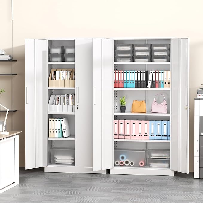Greenvelly White Metal Storage Cabinet, 72" Steel Locking Cabinet with Doors and 4 Adjustable Shelves, Tall Tool Cabinets Lockable File Cabinet for Home Office, Metal Classroom Cabinet for Garage