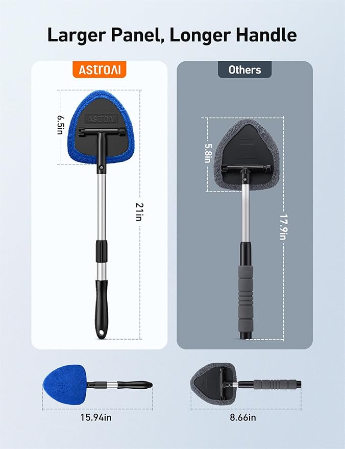 AstroAI Windshield Cleaning Tool, Car Window Cleaner Windshield Cleaner with 8 Reusable and Washable Microfiber Pads and Extendable Handle Auto Inside Glass Wiper Kit, Blue, 2 Pack