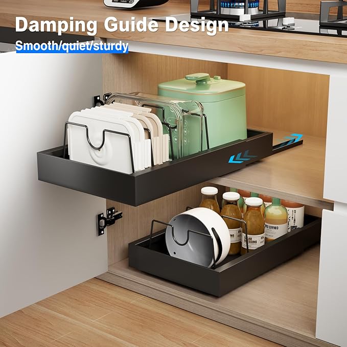2 Pack Pull Out Cabinet Organizer with 8 Dividers,21.8" Deep Slide Out Drawers for Cabinets Adhesive Pull Out Drawers Heavy Duty Pull Out Shelves for Kitchen, Cupboard, Pantry, Bathroom-Black