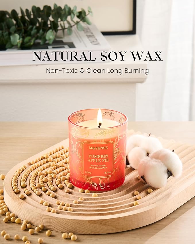 M&SENSE Pumpkin Apple Pie Scented Candles, 8.1oz 42-Hour Slow Burning Soy Candles, Cozy Fall Halloween Thanksgiving Christmas Holiday Fragrance