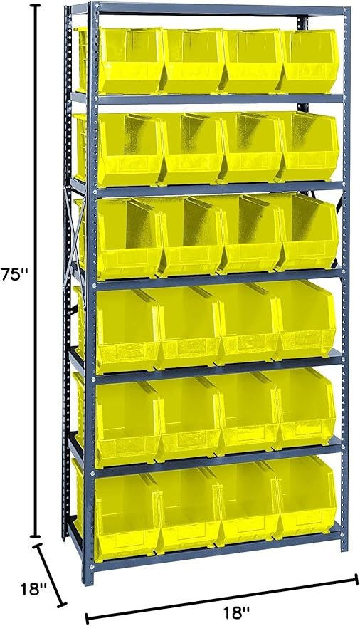 Quantum Storage Systems QSBU-265YL Giant Open Hopper Steel Shelving System, 18" D x 36" W x 75" H, with 7 Shelves and 24 QUS265 Bins, Yellow