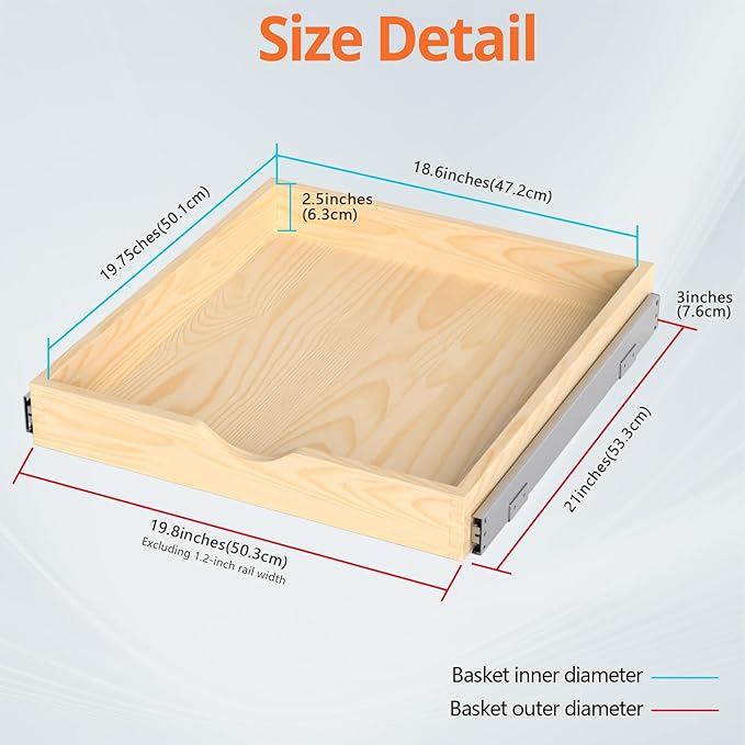 ZOINLIY 21''W X 21''D X 3''H Wooden Pull Out Drawer for Cabinet, Cabinet Organizer for Kitchen, Soft Close Slide Out Shelves, Heavy Duty, Fully Expandable