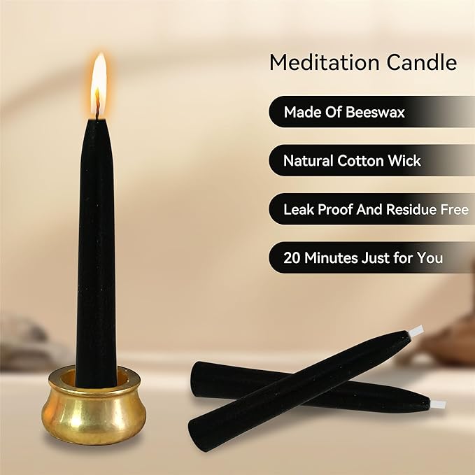 Dripless Taper Candle Meditation Candles,Black 20 Minute Mini Prayer Candlestick Pure Beeswax Candles with Brass Candle Holder for Yoga & Spiritual Rituals,30-BLA