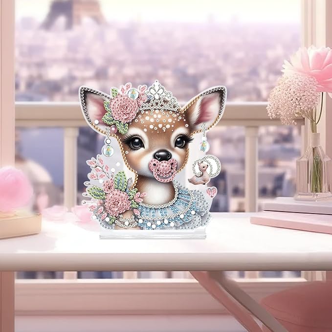 antor DIY Diamond Painting Desktop Ornament Kit, Acrylic Tabletop Diamond Art Decoration, Special Shape Diamond Painting Figurine Ornaments DIY Crafts Gift, Deer with Pink Rose Crown