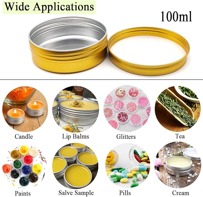 6pack 100ml Aluminum Tin Jars, 100 Gram Empty Travel Cosmetic Sample Container with Screw Cap Lid, 100g Gold Metal Tins Can for DIY Crafts, Lip Balms, Face Cream, Candle, Tea, Paint, Slime