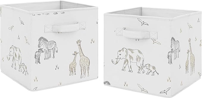 Sweet Jojo Designs Jungle Safari Animals Foldable Fabric Storage Cube Bins Boxes Organizer Toys Baby Taupe Black and White Gender Neutral Elephant Giraffe Wildlife Adventure Zebra Serengeti - Set of 2