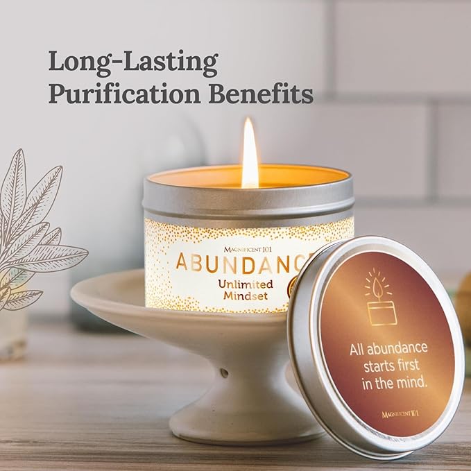 MAGNIFICENT 101 Abundance Manifestation Smudge Candle - 6 Oz Soy Wax - 35-Hour Burn - Infused with Lemon, Rosemary & Sandalwood - Money Candle for Energy Cleansing