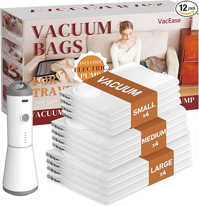 Vacbird Travel Vacuum Storage Bags with Rechargeable Cordless Pump, 12 Pack Vacuum Seal Bags for Clothing(4 Large+4 Medium+4 Small), Compression Packing for Clothes Suitcase Luggage Blanket Pillows