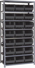 Quantum Storage Systems QSBU-255BK Giant Open Hopper Steel Shelving System, 18" D x 36" W x 75" H, with 8 Shelves and 21 QUS255 Bins, Black