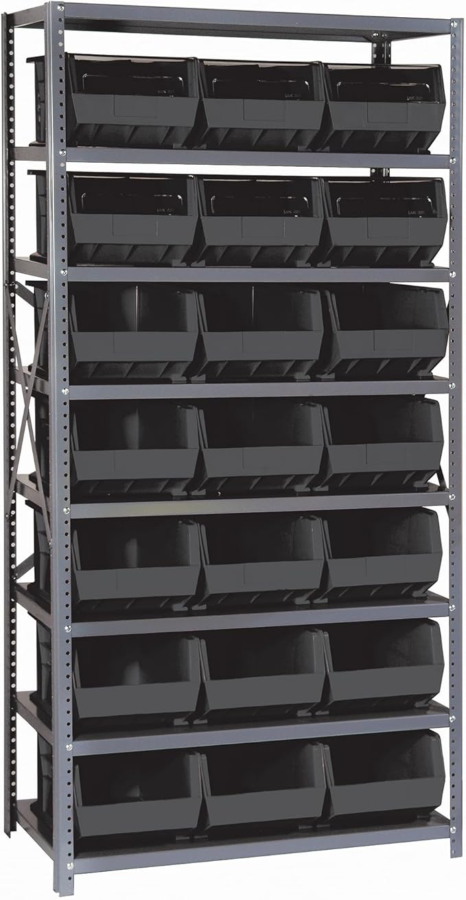 Quantum Storage Systems QSBU-255BK Giant Open Hopper Steel Shelving System, 18" D x 36" W x 75" H, with 8 Shelves and 21 QUS255 Bins, Black