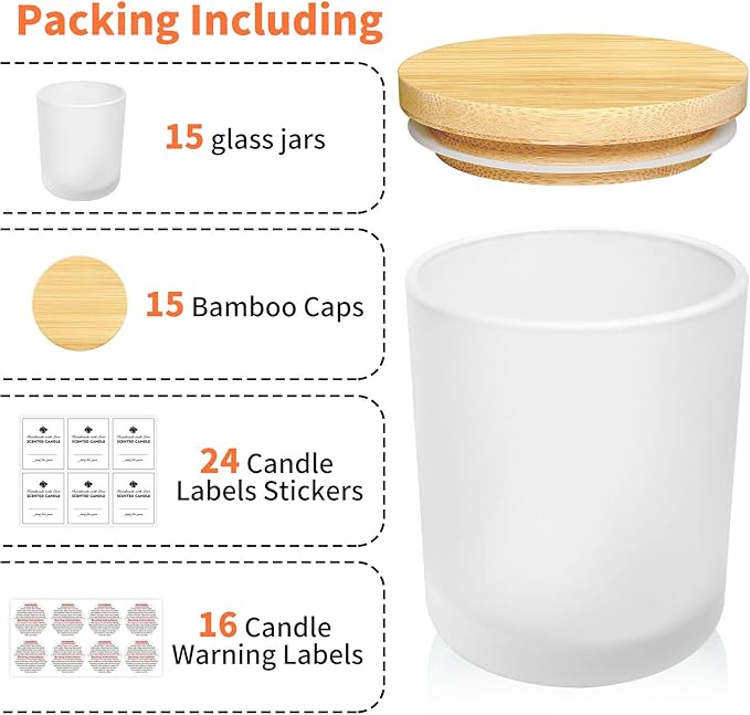 SUPMIND 15 Pack Empty Candle Jars, 7oz Frosted Glass Jars with Bamboo Lids Candle Containers in Bulk for Making Candles, Stickers and Labels Included