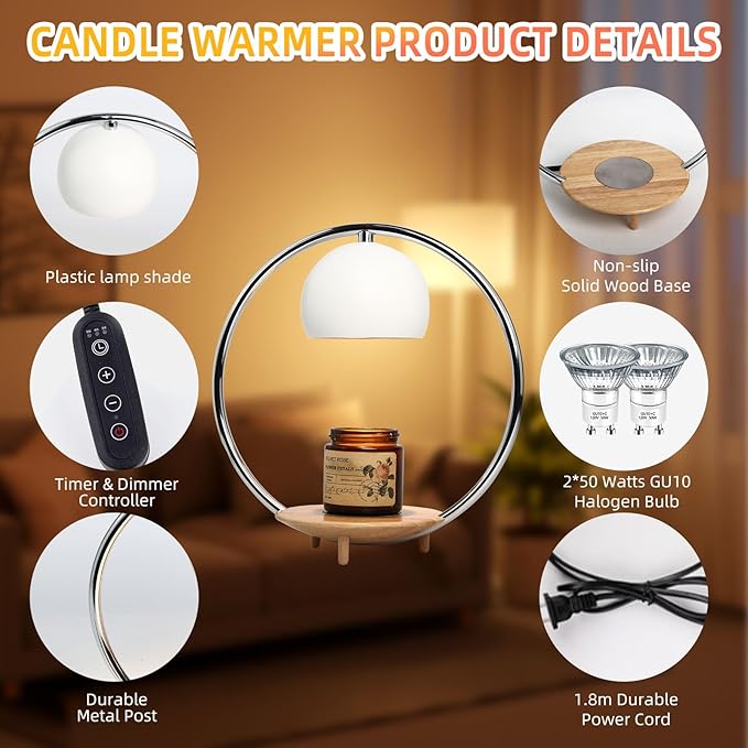 Candle Warmer Lamp with Timer & Dimmer, Electric Candle Warmer Light for Jar Candles Burner, Dimmable Wax Melts Warmer for Bedroom Home Decor, Modern Candle Melter Heater Gifts for Mom
