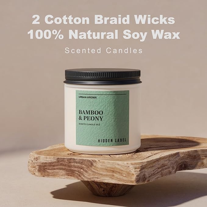 Bamboo & Peony Scented Candle,|12oz Natural Soy Candle, 70-Hour Clean Burning, Japandi Home Décor, Mindful Aromatherapy for Focus & Relaxation, Elegant Gift for Housewarming