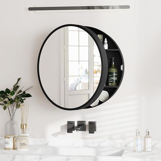 SUNWAVE 20 Inch Round Black Medicine Cabinet with Mirror, Modern Wall Mounted Vanity Cabinet for Bathroom, Circle Bathroom Mirror with Storage, Space-Saving Wood Cabinet (Black, 20 Inch)