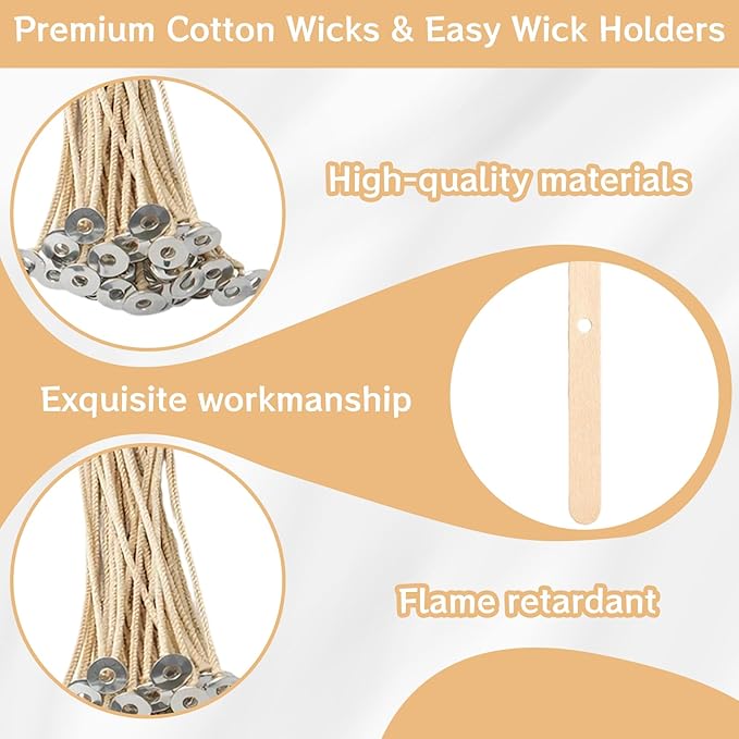 50 Pcs 8 Inch Natural Cotton Candle Wicks Kit, Pre-Waxed Wicks with 120 Wick Stickers & 10 Wooden Holders, for Soy Wax, Beeswax, Coconut Wax DIY Craft