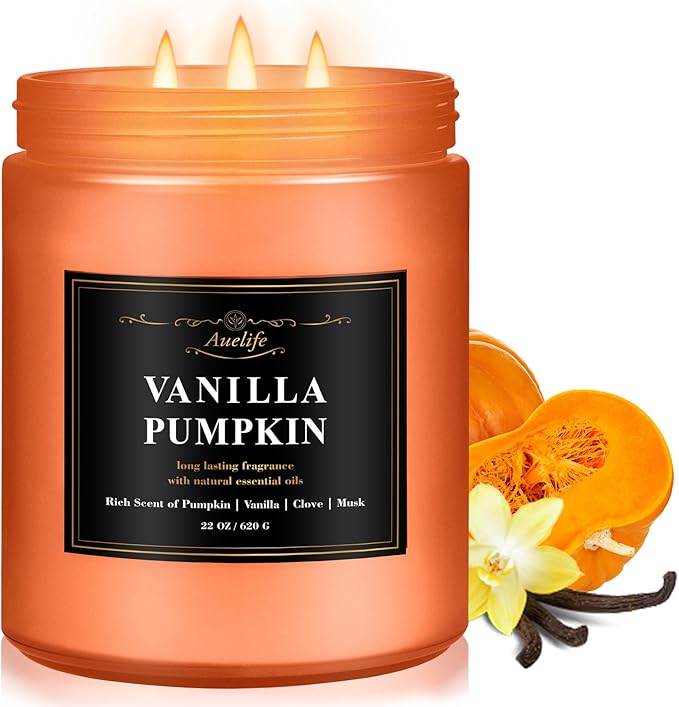Auelife Scented Candle, Vanilla Pumpkin Candles – 22oz Large 3-Wick Holiday Soy Candle, Long Lasting Winter Candles for Home Décor, Thanksgiving & Holiday Gift for Women & Men