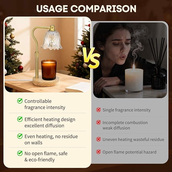 Candle Warmer Lamp with Timer and Dimmer, Adjustable Height Candle Warmer with 2 Bulbs for Living Room Bedroom Home Room Decor, Gift for Women, Wooden Base