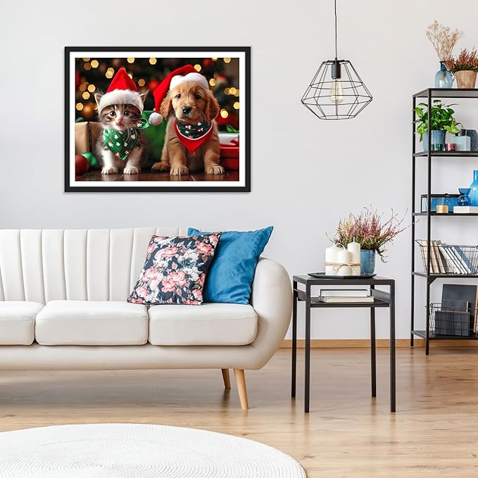MOGTAA Christmas Diamond Art Kits for Adults, 5D Full Drill Cat and Dog Diamond Painting Kits for Adults Beginner, DIY Round Diamond Dots for Adults, Gem Art for Home Wall Decor 12 X 16 Inch