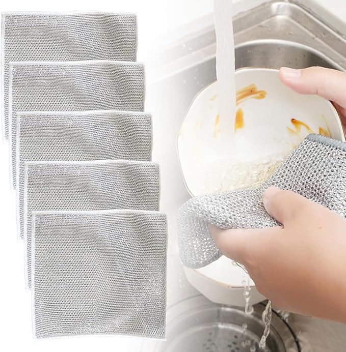 Non Scratch Wire Dishcloth Wet and Dry, 2024 New Kitchen Dish Towels Double Layer Wire Dishwashing Rags Cleaning Pads, Multipurpose Metal Wire Dishcloth Reusable Scrubbing Pads for Kitchen (6PCS)