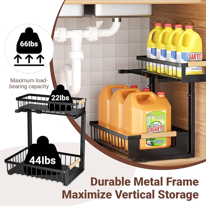 Under Sink Organizer, L-Shape 2 Tier Pull Out Cabinet Organizer with Adjustable Height, Metal Sliding Storage Rack for Kitchen Bathroom Pantry, Black, 2 Pack