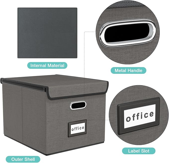 Huolewa File Organizer Box with Lid, Collapsible File Folder Organizer for Office Document Storage, Filing Box with Plastic Slide for Letter Size Hanging File Folders(1 Pack, Smoky Grey)
