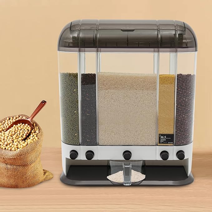 5 Grid 33lbs Dry Grain and Rice Cereal Dispenser Grain Storage Container Dispenser with Lid, Beans Dispenser