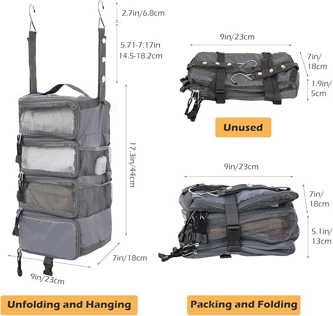 TABITORA Travel Luggage Organizer Hanging Packing Cubes Portable Hanging Shelves Carry on Closet for Suitcase with 2 Hooks,Collapsible(Gray,S)