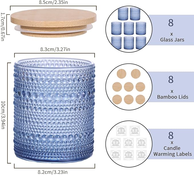 DARJEN 8 Pack Blue Candle Jars for Making Candles- 14 OZ Empty Glass Candle Making Jars with Bamboo Lids and Labels, Candle Making Supplies Candle Containers for DIY Gifts