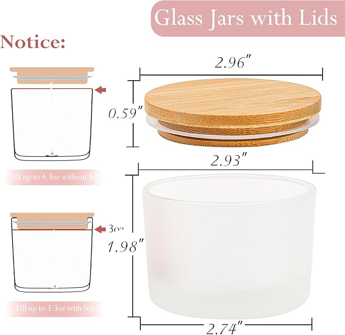 CONNOO 15 Pack 4 OZ Frosted Glass Candle Jars with Airtight Bamboo Lids for Making Candles, Bulk Small Wide Mouth Empty Candle Containers with Sticky Warning Labels - Dishwasher Safe