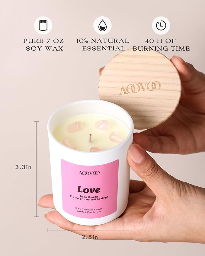 AOOVOO Mom Candles Set for Women - 4 Pack Candles for Home Scented, 28 oz 200h, Aromatherapy Candle with Crystals, Gratitude Rhodonite/Appreciation Clear Quartz/Blessing Aventurine/Love Rose Quartz