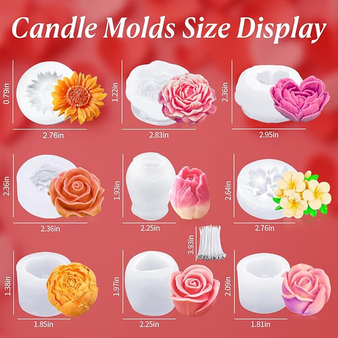 MGLIFEUL 9Pcs Rose Flower Tulip Peony Heart Candle Soap Wax Mold Valentine Day Silicone for Small Butter Candles Chocolate Making Molds Silicones Shapes Moldes De Rosas Silicona para Velas