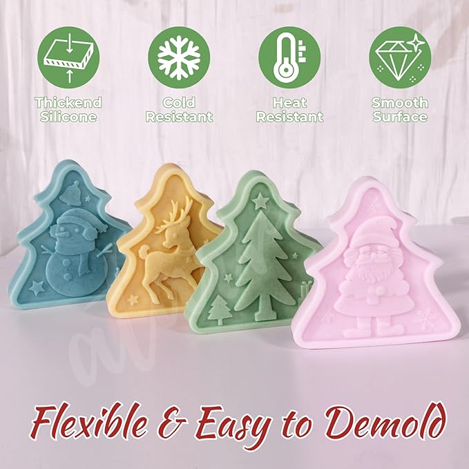 6pcs Christmas Tree Shaped Silicone Mold Set, Atarvana Relief Style Christmas Molds with 10pcs Candle Wick for Soap Candle Making -Christmas Trees, Santa Claus, Reindeer, Snowman