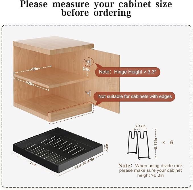 Seinloes 6 Pack Pull out Cabinet Organizer 21"Deep with Raising Pad for Framed Cabinets, Expandable Slide out Drawers for Kitchen Cabinets with 6pcs Divider Racks, Roll out Shelves 12.1"-20.4" W Black