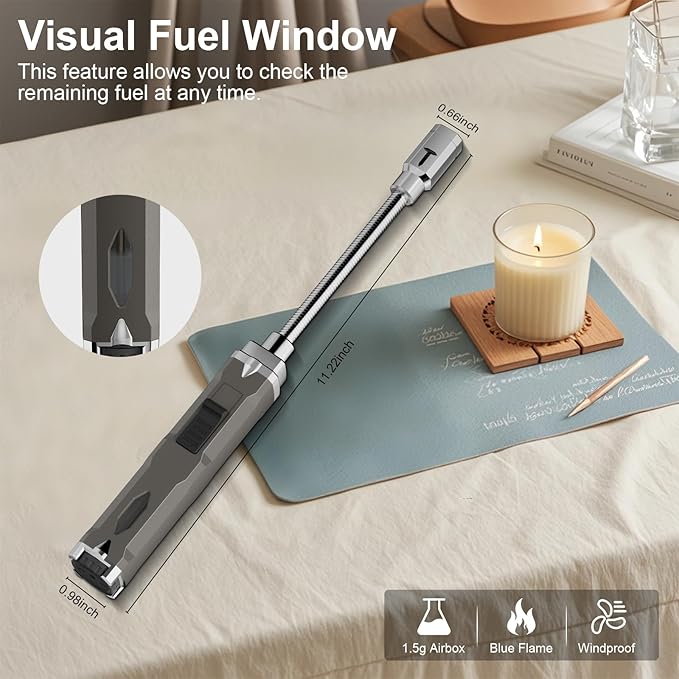 TONYFUL Butane Lighter Long Torch Lighter, Refillable Lighters with Visual Fuel Window, Adjustable Flame Windproof Lighter for Candle, Camping, Fireplace, BBQ(Fuel Not Included)
