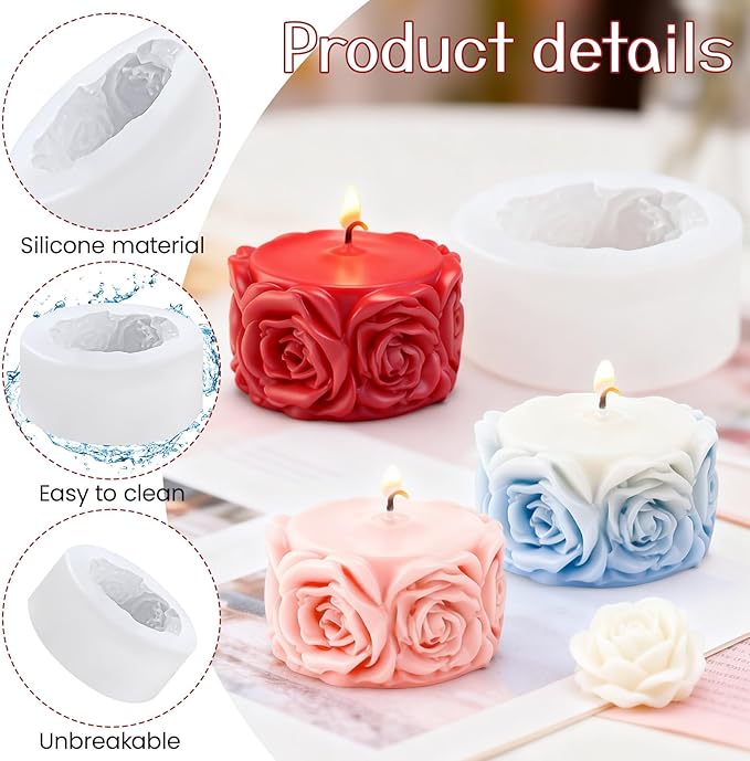 Rose Flower Column Candle Molds Flower Shape Silicone Candle Molds Cylinder Resin Casting Mold Silicone Flowers Rose Mold for Candles Making DIY Polymer Clay Craft Plaste Valentine Mother Day
