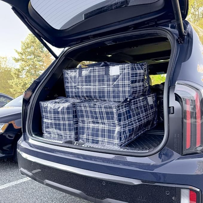 DURASACK Heavy Duty Moving Bag Storage Container Duffle Bag with Zipper, Reinforced Carry Straps and Backpack Straps, Made of Rugged Woven Polypropylene, Pack of 4, Navy Plaid