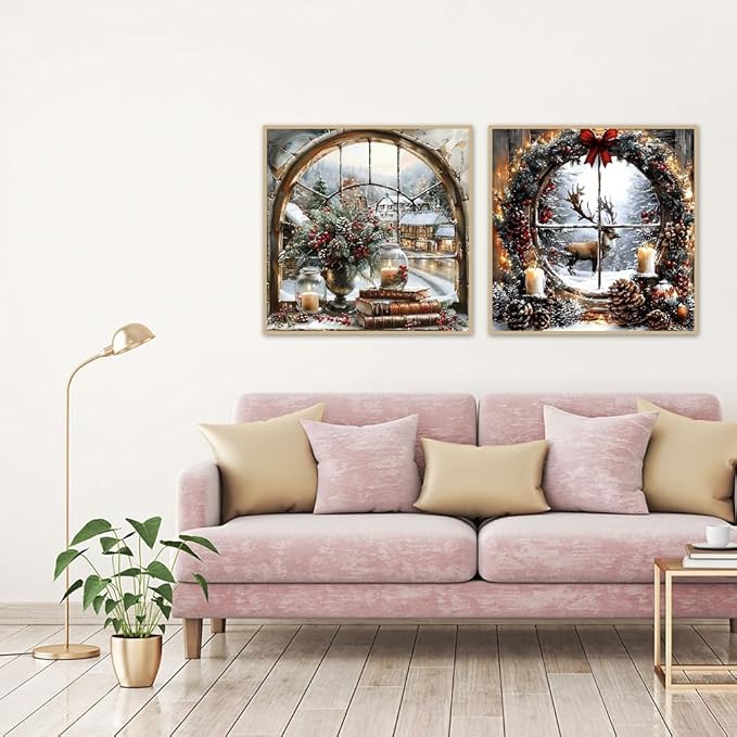 NEGEKFKX 2 Pack Christmas Paint by Numbers Kit for Adults Beginner with Framed,Deer Easy Adult Paint by Number Kits on Canvas DIY Painting for Beginners Art by Numbers for Home Wall Decor 10x10Inch