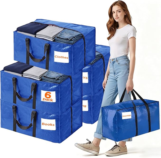 Extra Large Moving Bags Heavy Duty Storage Bags with Zipper Handles, BETU 6 Pack Clothes Storage Totes Bins Packing Moving Boxes, Moving Supplies for College Dorm Essentials, Space Saving, Blue