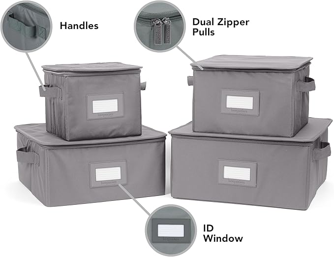 Covermates Dish Storage Box Set – China & Dinner Plate Storage Containers with Felt Dividers, Dual Zippers, Reinforced Handles, ID Window & Stackable Design, Graphite
