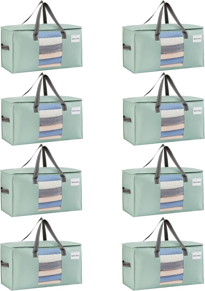 VENO 8 Pack Heavy Duty Moving Bags, Clothes and Comforter Storage Bags with Clear Window, College Dorm Essentials Packing Supplies, Foldable Boxes Alternative (Light Green Matte, 8 Pack)