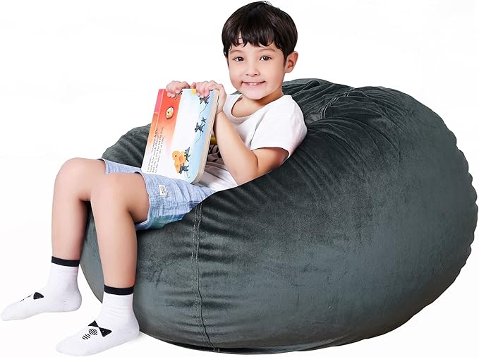 Lukeight Stuffed Animals Storage Bean Bag Chair Cover Only (Ships Empty, No Filling) - Velvet YKK Zipper Beanbag Cover for Toddlers and Kids, Washable Plush Toy Organizer, Large 27" D x 16" H