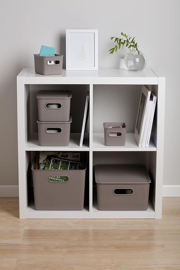 Superio Decorative Plastic Basket Open Home Storage Bins Organizer Baskets, Large Taupe (8 Pack) Container Boxes for Organizing Closet Storage Bins for Shelves Drawer Shelf, 15 Liter