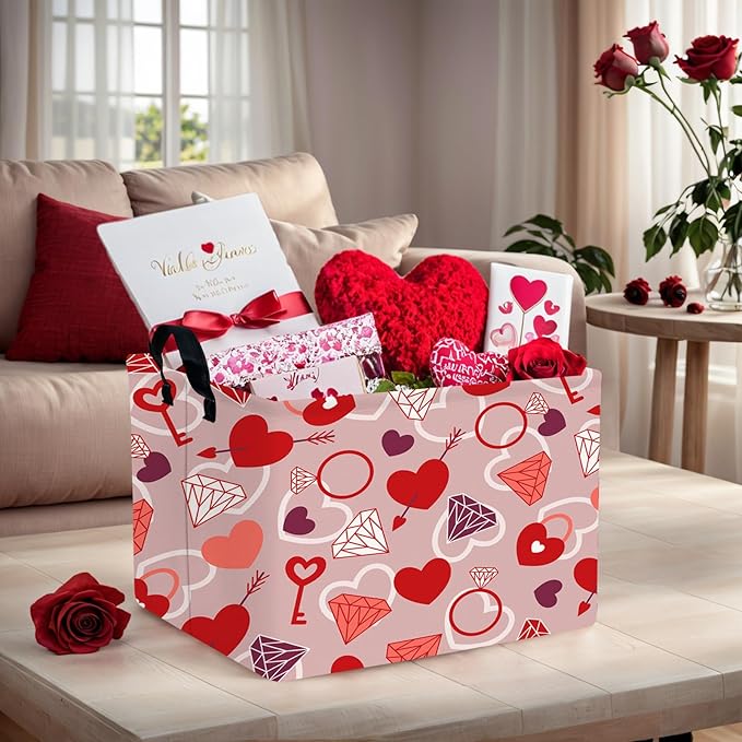 Valentine's Day Basket Gift for Empty Cute Heart Large Storage Bin for Kid and Baby Room Décor (Diamond Key Lock Love)